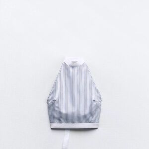 Zara White and Blue Striped Crop Top